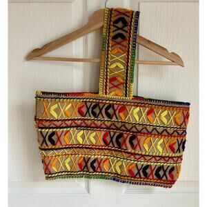 Vintage 70's Boho Handcrafted Rainbow Needlepoint Burlap Crewel Purse | Tote